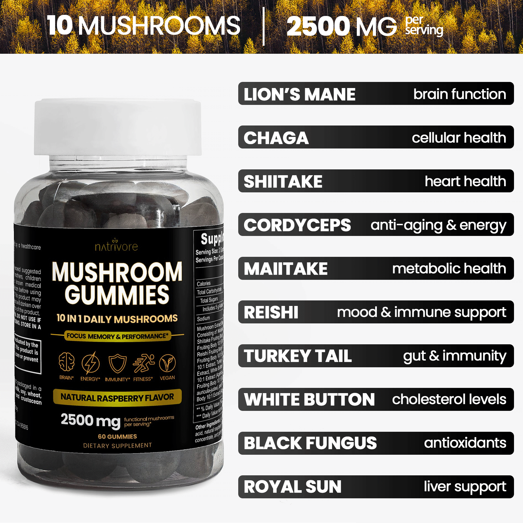 10-in-1 Mushroom Complex Gummies For Focus, Cognition, Health, & Performance